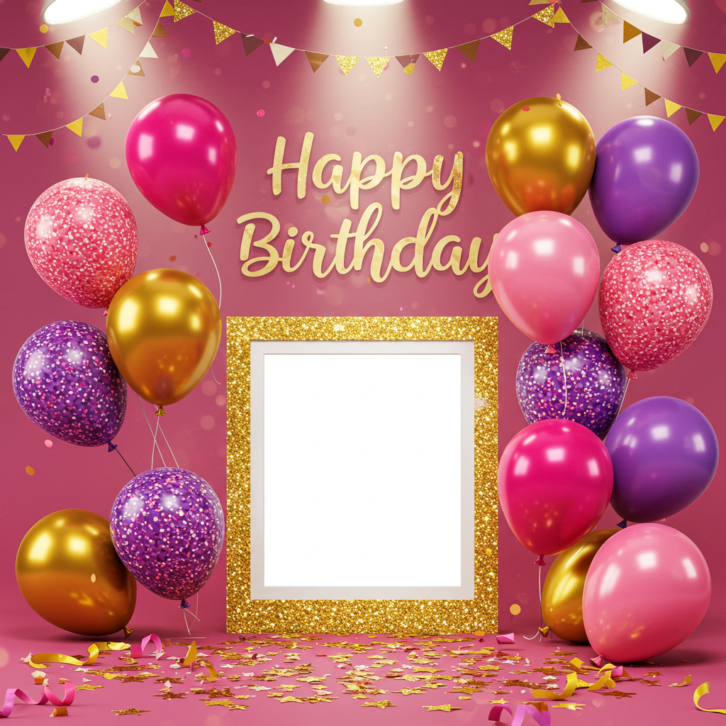 Glam Gold & Pink Birthday Party Backdrop with Balloons & Sparkle Frame